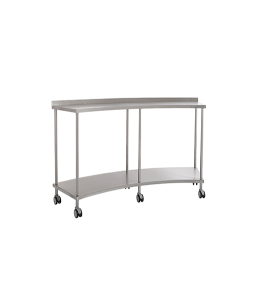 Eğik tasarımlı paslanmaz çelik ameliyathane hazırlık masası – curved stainless steel surgical preparation table on wheels